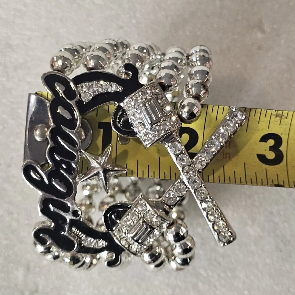 Cowgirl Stretch Bracelet Silver Tone‎ Beaded Rhinestones Star Chunky Western
